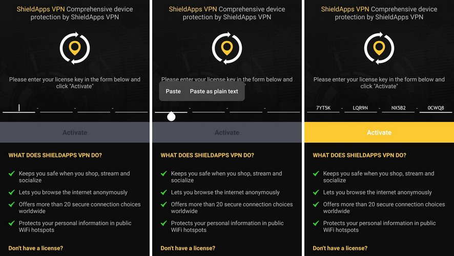 Activation screen on mobile - enter your license key